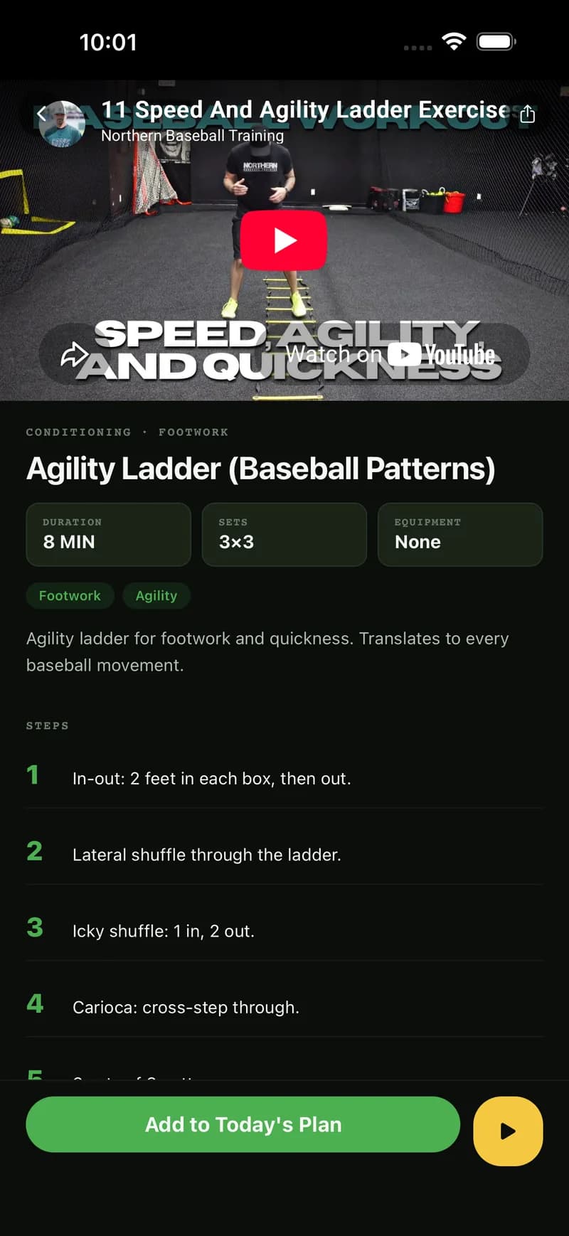 Drill detail for Agility Ladder (Baseball Patterns) with an embedded video, duration, sets, equipment, numbered steps, and Add to Today's Plan.