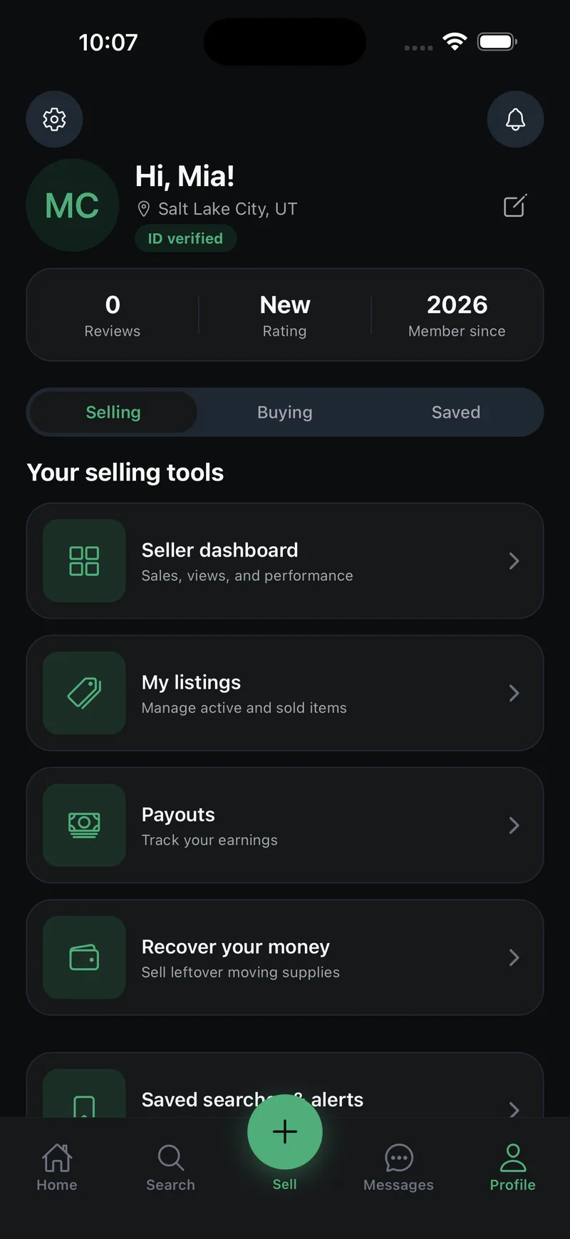 Profile screen for Mia in Salt Lake City with an ID verified badge, reviews and rating stats, and selling tools like seller dashboard, listings, and payouts.
